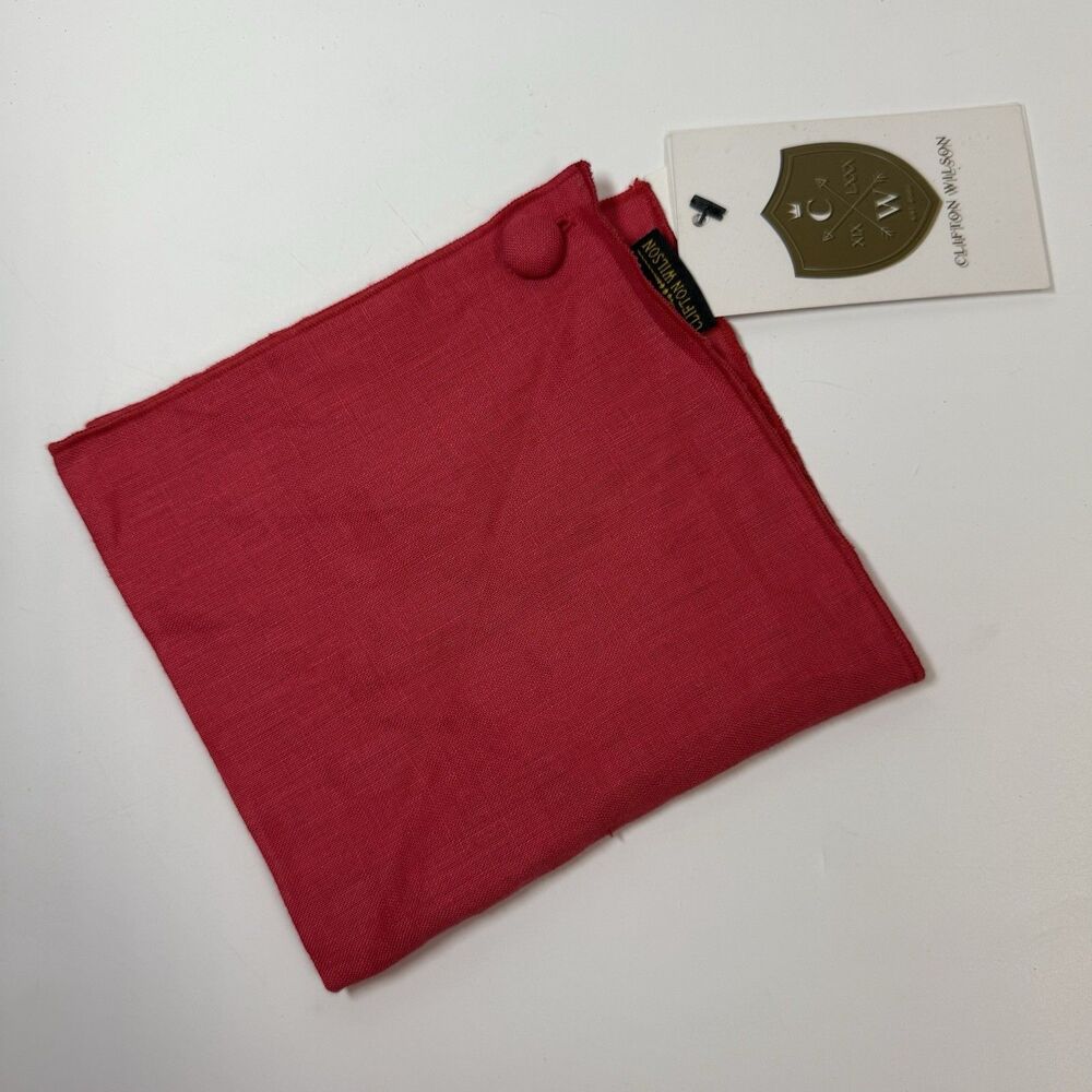 Clifton Wilson English Red 100% Linen Pocket Square With Button New